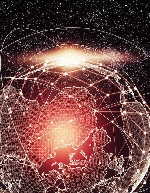 A globe overlaid with a subtle digital network, showing connections between different countries. Symbols representing AI, policy, and collaboration are visible around the globe, emphasizing international cooperation.