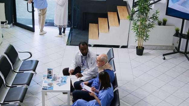 A diverse group of people discussing healthcare options with a professional, showing empathy and collaborative problem-solving in a modern clinic setting.