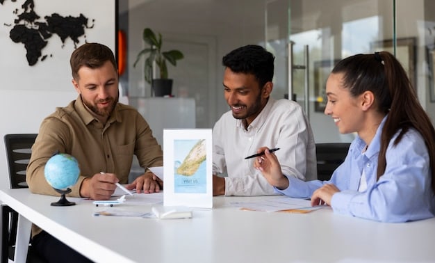 A diverse group of skilled professionals in a modern office setting, discussing immigration documents on a tablet, symbolizing global talent and visa applications.