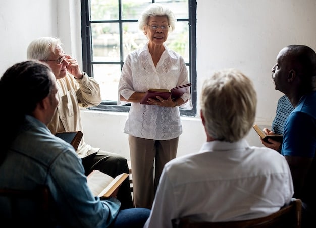 A diverse group of older adults attending a financial planning seminar, looking engaged and taking notes, with a presentation slide about retirement ages in the background.