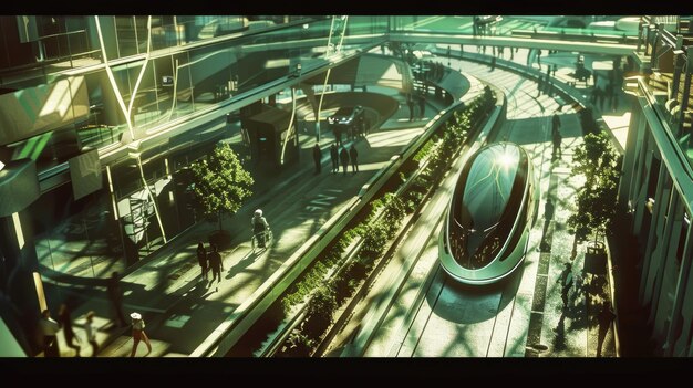 A high-speed train passing through a modern, green urban landscape, with diverse transportation options like bike paths and electric vehicles visible, representing urban infrastructure innovation.