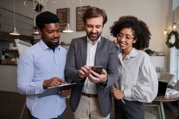 A diverse group of business professionals in a modern office collaborating around a tablet displaying complex diagrams and charts, symbolizing strategic innovation and discussion in a legal or business setting.