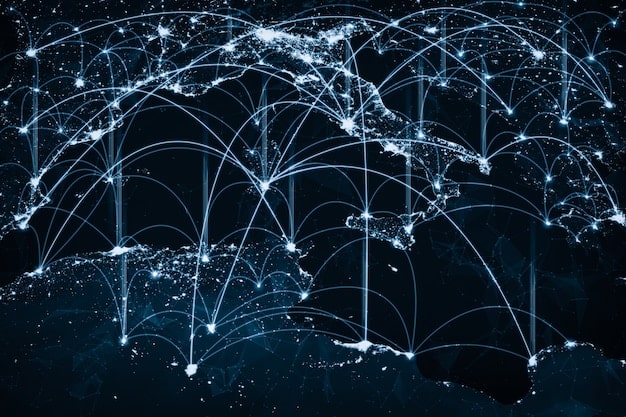 A complex network of digital lines symbolizing data flow and global connectivity, with abstract representations of AI and blockchain technologies.