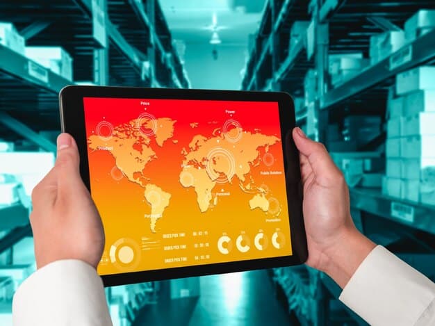 Two hands holding a tablet displaying a global trade analytics dashboard, with diverse international flags in the background, signaling international cooperation and data-driven decisions.
