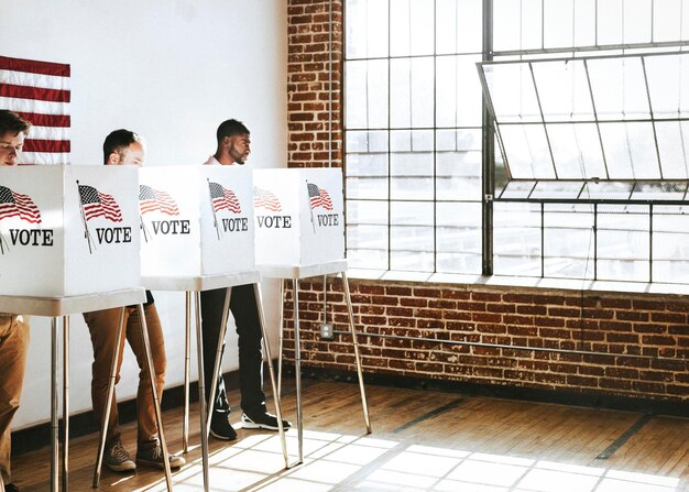 A diverse group of people casting votes in a modern voting booth, with a subtle overlay of digital charts and arrows hinting at financial flow, representing the impact of money on the election process.