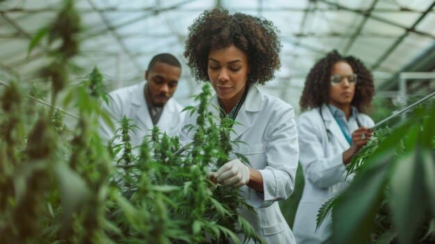 A vibrant, diverse group of people working in a modern cannabis cultivation facility, tending to healthy marijuana plants under controlled lighting. The image should convey professionalism and agricultural innovation within a legal framework.