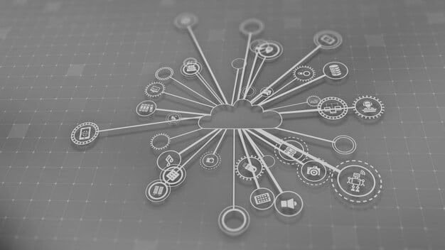 A detailed graphic showing connections between different social media platforms, with icons representing engagement, analytics, and content creation, emphasizing the interconnectedness of digital marketing.
