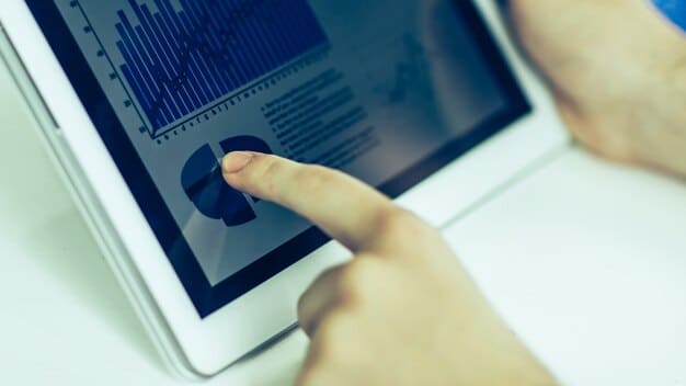 A close-up of a user interacting with an analytical dashboard on a tablet, with various graphs and charts displaying dynamic data. The user's finger is poised over a filter option.