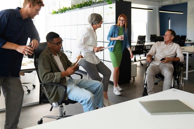A diverse group of business professionals in a meeting room, actively engaged in a discussion while looking at a large screen displaying an interactive financial dashboard with clear, impactful visualizations.