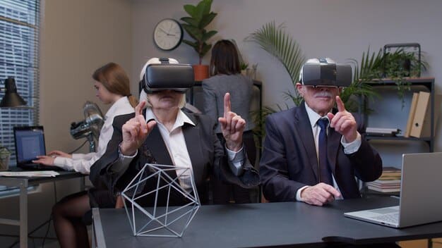 A futuristic office concept with mixed reality elements, showcasing holographic projections of team members collaborating in a shared virtual space, emphasizing advanced, immersive remote work technologies.
