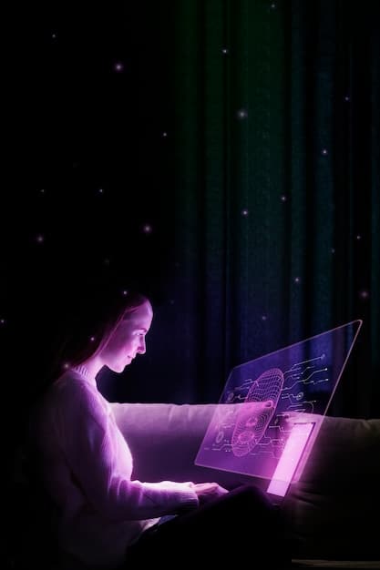 A person diligently studying online courses on a laptop, surrounded by futuristic holographic displays of data and skill trees, representing skill development and future-proofing.