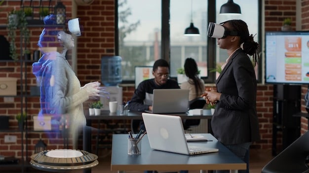 A diverse group of professionals collaborating in a modern office, with sleek robotic elements subtly integrated into the background, symbolizing human-AI synergy in the workforce.