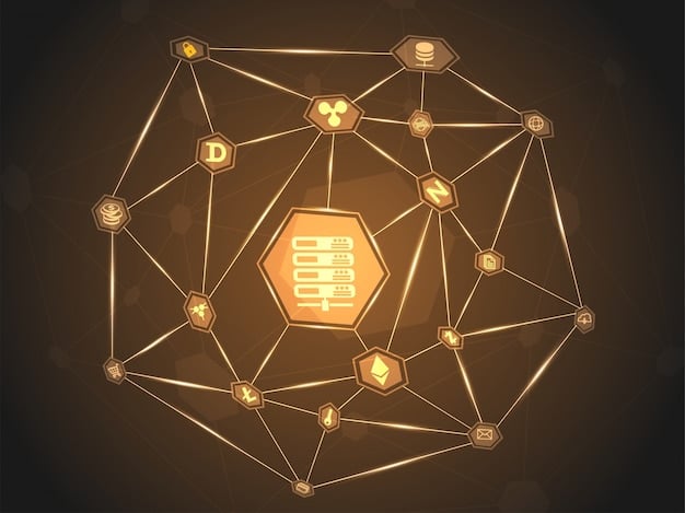 A visual representation of a blockchain network displaying connections between various distinct blockchain logos (e.g., Ethereum, Solana, Polkadot, Polygon), each represented by its unique icon or color scheme, highlighting their interconnectedness and individual characteristics in a digital sphere.