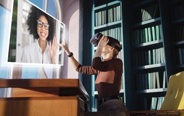 A sleek, futuristic office setting with holographic interfaces and diverse professionals collaborating. The scene emphasizes innovation, technology integration, and human-computer interaction, representing 