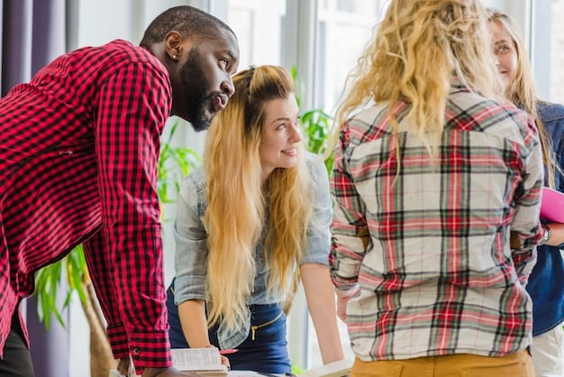 A diverse group of team members engaging in a spirited discussion, with one leader actively listening and mediating, demonstrating effective communication and conflict resolution facilitated by high emotional intelligence.