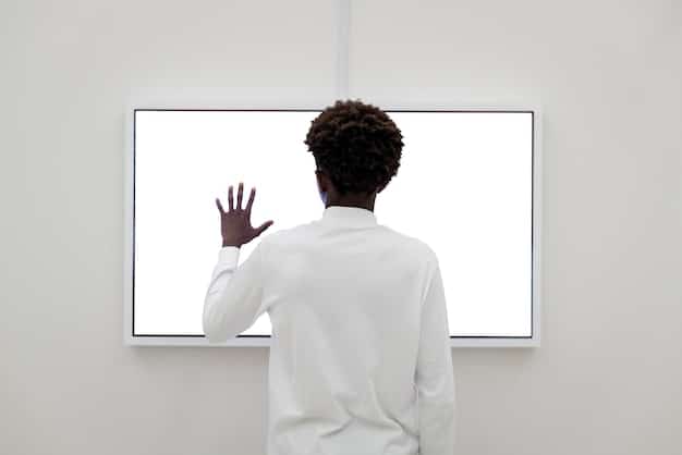 A person presenting in a modern lecture hall, using a large interactive screen with dynamic graphics, illustrating the effective use of technology in public speaking.