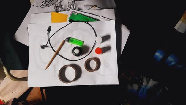 A detailed hand working on a 3D printer, creating a prototype of a new product, surrounded by sketches and design tools, representing the prototyping phase of design thinking.