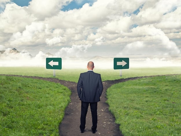 A person stands at a crossroads, looking at diverging path signs, with one path clearly labeled 'Risk Management' and another 'Adaptability,' symbolizing strategic decisions in business.
