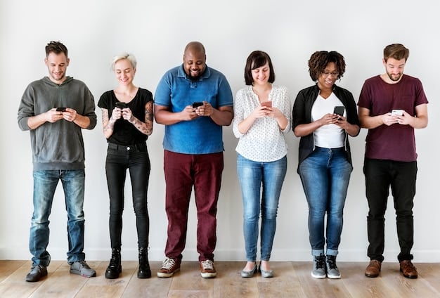 A diverse group of people of different ages and ethnicities using mobile phones and tablets to access healthcare services, suggesting widespread accessibility and user-friendliness. The setting is bright and inclusive.