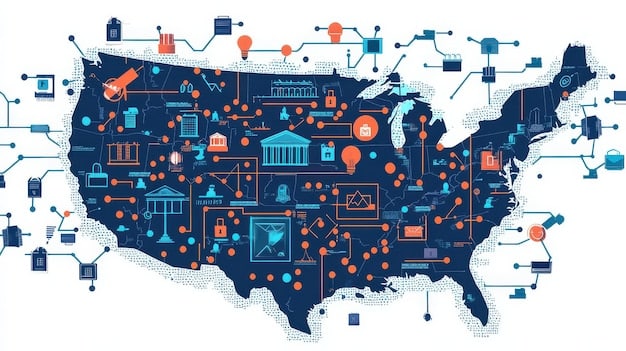 A detailed map of rural US areas highlighting digital divide gaps, overlaid with abstract network lines representing unreached populations.