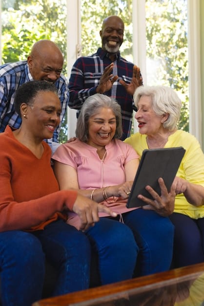 A diverse group of people, young and old, in a modern, connected rural community center, demonstrating digital literacy and community engagement.