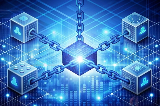 A conceptual image of a blockchain network with interconnected nodes representing secure, encrypted votes flowing through a digital ledger, highlighting transparency and security in elections.