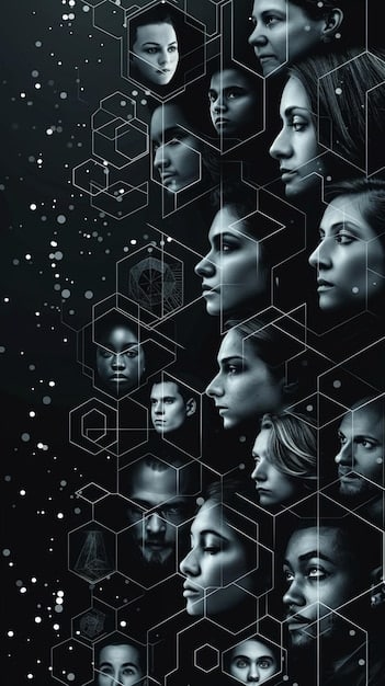 A diverse group of silhouetted faces shown against a digital grid pattern, with specific points highlighted on certain faces, emphasizing how facial recognition technology might interpret or misinterpret different human features.