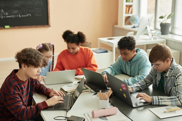 A group of middle school students collaborating on a coding project using laptops and a whiteboard, with various digital diagrams and algorithms visible, representing foundational digital literacy and problem-solving.