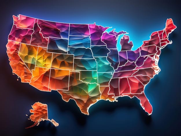 A stylized map of the United States with various colors highlighting regions with different levels of internet infrastructure development, with lines radiating from urban centers towards rural areas, symbolizing government investment and connectivity expansion.