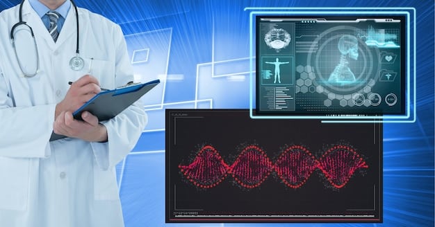 A detailed image of a medical scan being analyzed by an AI interface on a computer screen, with medical symbols and data overlays, representing advanced diagnostics and precision.