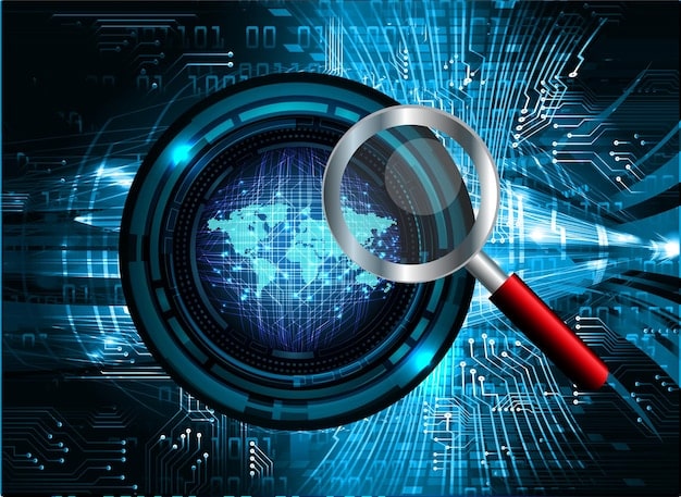 A magnifying glass hovering over complex digital code, symbolizing the intricate process of identifying and dissecting disinformation at a granular level within vast data streams.