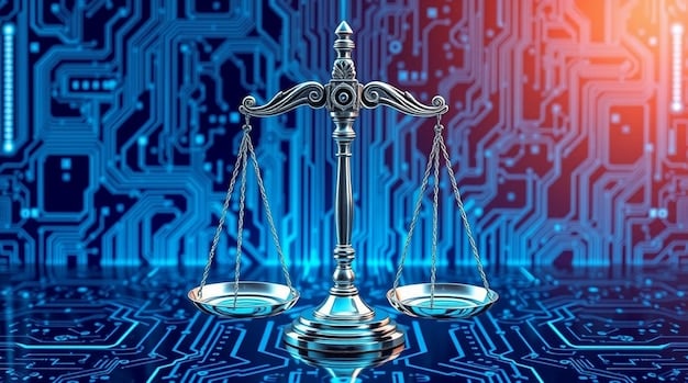 A stylized legal gavel and scales of justice integrated into a circuit board design, symbolizing the challenge of applying traditional law to advanced digital technology, particularly the metaverse.