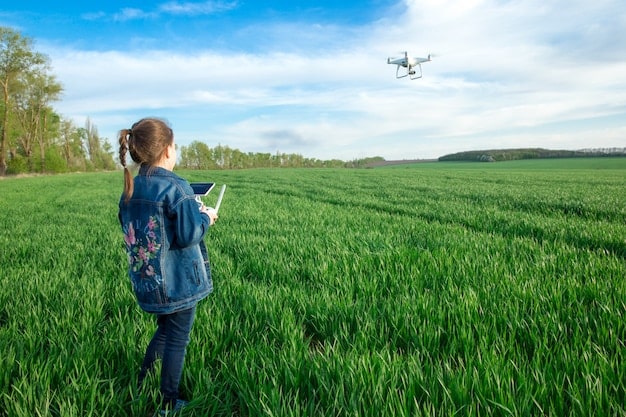 A drone flying over a field, scanning crops with advanced sensors, with a farmer in the foreground viewing data on a tablet. The landscape is lush and green under a clear sky.