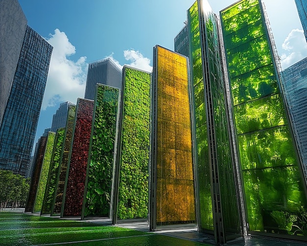 A modern, eco-friendly skyscraper with vertical gardens, solar panels on its facade, and a visible rainwater harvesting system. A clean, bustling city background.
