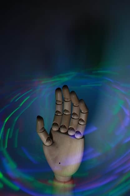 A close-up shot of a human hand interacting with a glowing holographic interface displaying complex data points and network connections, symbolizing the intersection of human skill and advanced AI in the gig economy.