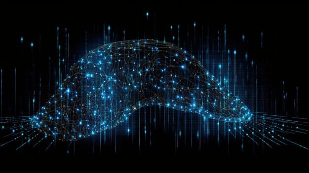 A glowing digital network overlayed on a silhouette of an autonomous car, depicting complex data flows and cybersecurity challenges.
