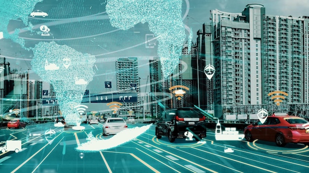 A futuristic cityscape with autonomous vehicles seamlessly moving, overlaid with charts and graphs indicating economic shifts and insurance policy changes.