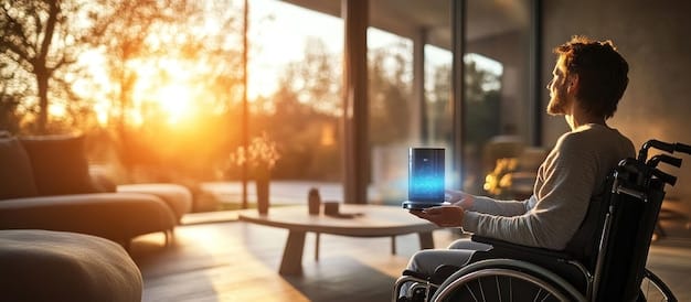 A person in a wheelchair using a tablet to control smart home devices (lights, thermostat, television) in a modern, accessible living room, highlighting independence.