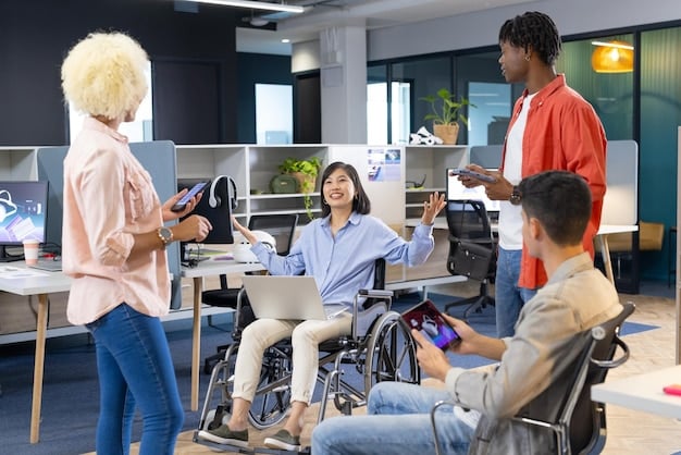A diverse group of tech developers and people with disabilities collaboratively working on accessible software and hardware prototypes in a modern, inclusive tech lab, symbolizing future innovation.