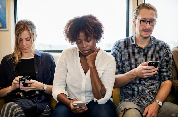 A diverse group of young people looking at their phones, some appearing withdrawn, others engaged, illustrating both connection and potential disconnect in group settings. Relevant to the section on vulnerable populations.