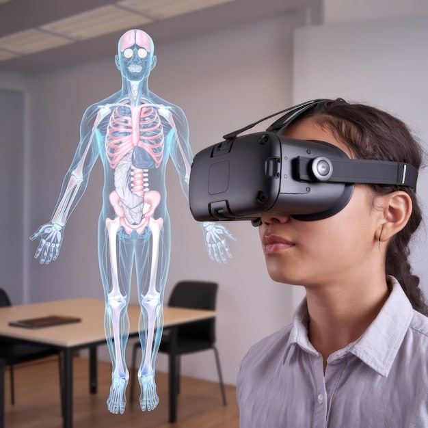 A student wearing a VR headset, immersed in an interactive virtual anatomy lesson, with transparent 3D human organs floating around them, demonstrating highly immersive learning.