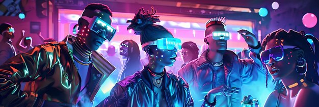 Group of diverse avatars enjoying a virtual reality concert in a vibrant, futuristic metaverse environment.
