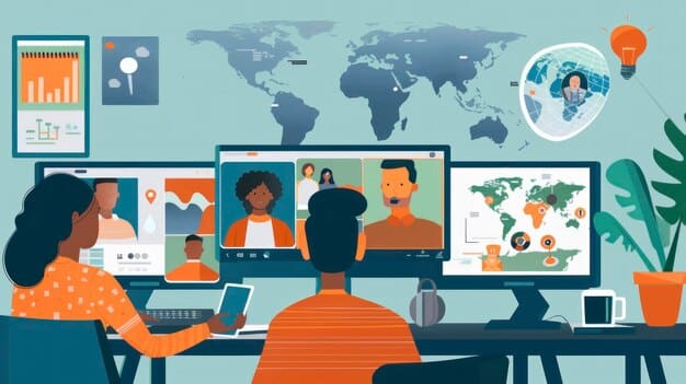 A diverse group of remote workers from different locations collaborating seamlessly on a digital whiteboard, emphasizing geographical flexibility and team synergy.