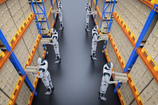 A futuristic factory floor with robotic arms assembling products alongside human workers, showcasing collaboration between humans and machines in a manufacturing setting, emphasizing 'The Impact of Automation on the US Workforce: Which Skills Will Be Most Valuable by 2030?'.