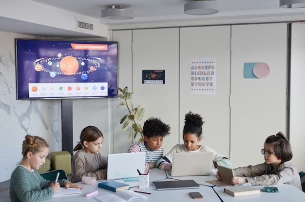 Students in a classroom collaborating on a project using tablets and interactive whiteboards, showcasing a modern, tech-integrated learning environment that prepares them for 'The Impact of Automation on the US Workforce: Which Skills Will Be Most Valuable by 2030?'.