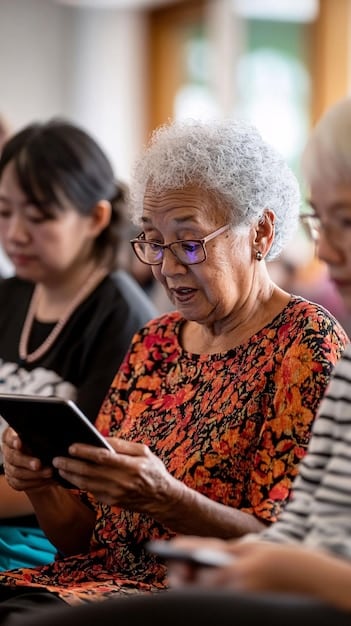 Volunteers teaching senior citizens how to use tablets at a local community center, emphasizing digital literacy and community support.
