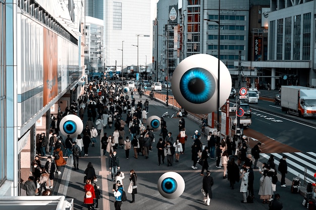 A close-up image of a security camera scanning a diverse crowd of people in a busy urban environment. The focus is on the camera's lens, subtly highlighting the potential for mass surveillance and the erosion of privacy in public spaces. The scene is set in a generic American city with recognizable landmarks in the background.