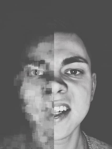 A split screen image. On one side, a pixelated face representing anonymity and privacy. On the other side, a clear, high-resolution image of the same face being identified by a facial recognition system. This symbolizes the conflict between the desire for privacy and the increasing ability of technology to identify individuals.