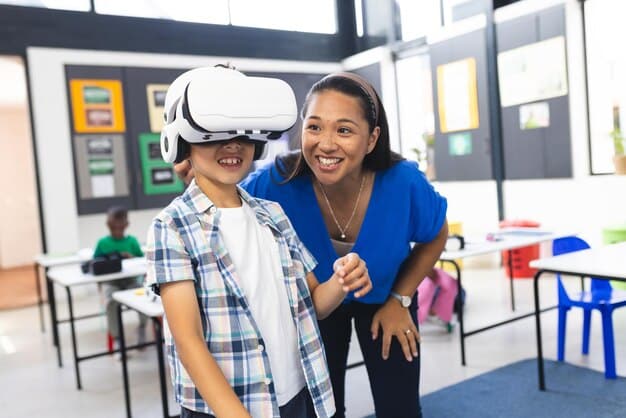 A teacher in a US school standing next to a student who is wearing VR googles and interacting with a virtual environment. The teacher is smiling and pointing to the VR scene, demonstrating a positive use case of technology in education. The scene emphasizes the immersive nature of virtual learning in The Future of Education: How Technology is Transforming Learning in US Schools.