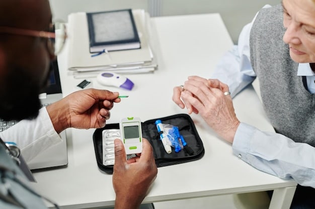 A split screen showing a patient wearing a smartwatch and a doctor reviewing the patient's health data on a tablet. The background highlights various interconnected devices, symbolizing the integration of wearable technology and remote patient monitoring in 'The Future of Healthcare: How Technology is Improving Access and Outcomes in the US'.